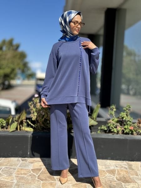 Tığ Triko Kristal Şerit Detaylı Tunik Pantolon Takım TKM1831