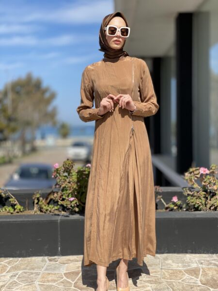 Misswhence Fermuarlı İpek Elbise 35800 CAMEL - 46