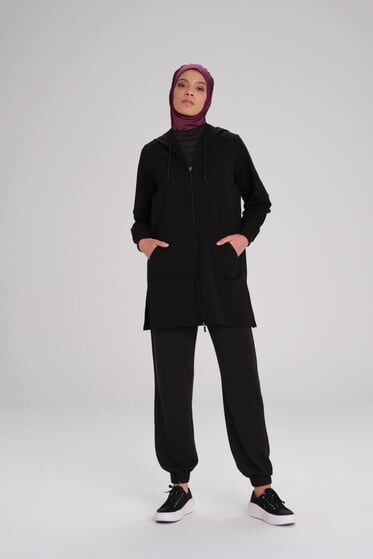 Haşema Yumuşak Dokulu Kapüşonlu Fermuarlı Basic Sweatshirt ACT15 SİYAH - S