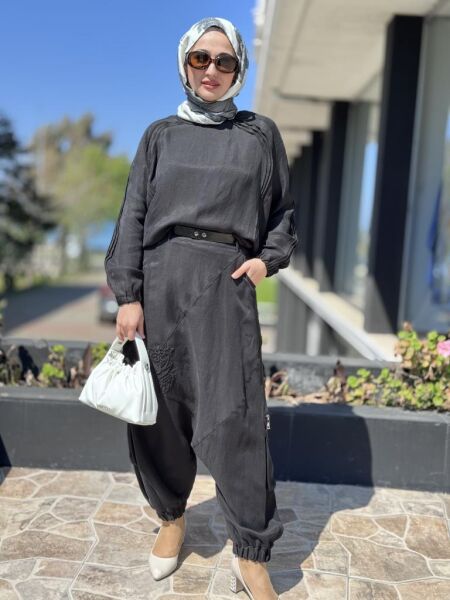 Misswhence İpek Keten Bluz Şalvar Etek Takım 37002 SİYAH - 42