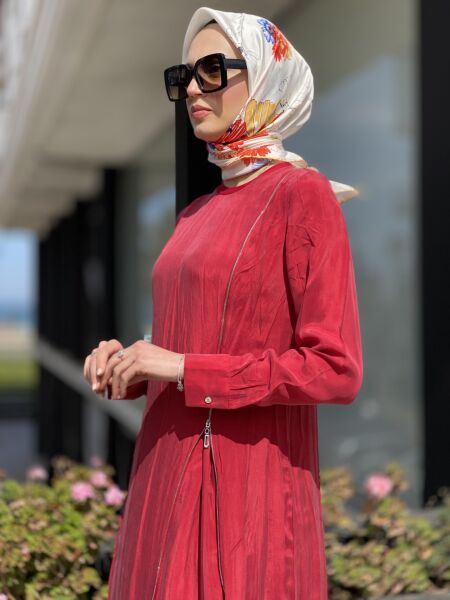 Misswhence Fermuarlı İpek Elbise 35800 KIRMIZI - 46