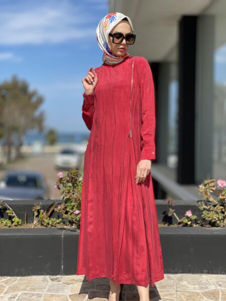 Misswhence Fermuarlı İpek Elbise 35800 KIRMIZI - 46