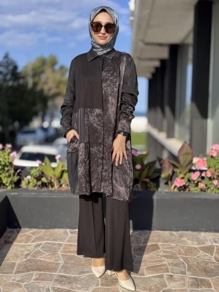 Misswhence Kendinden Desenli Viscon Parça Detaylı İpek Gömlek 38303