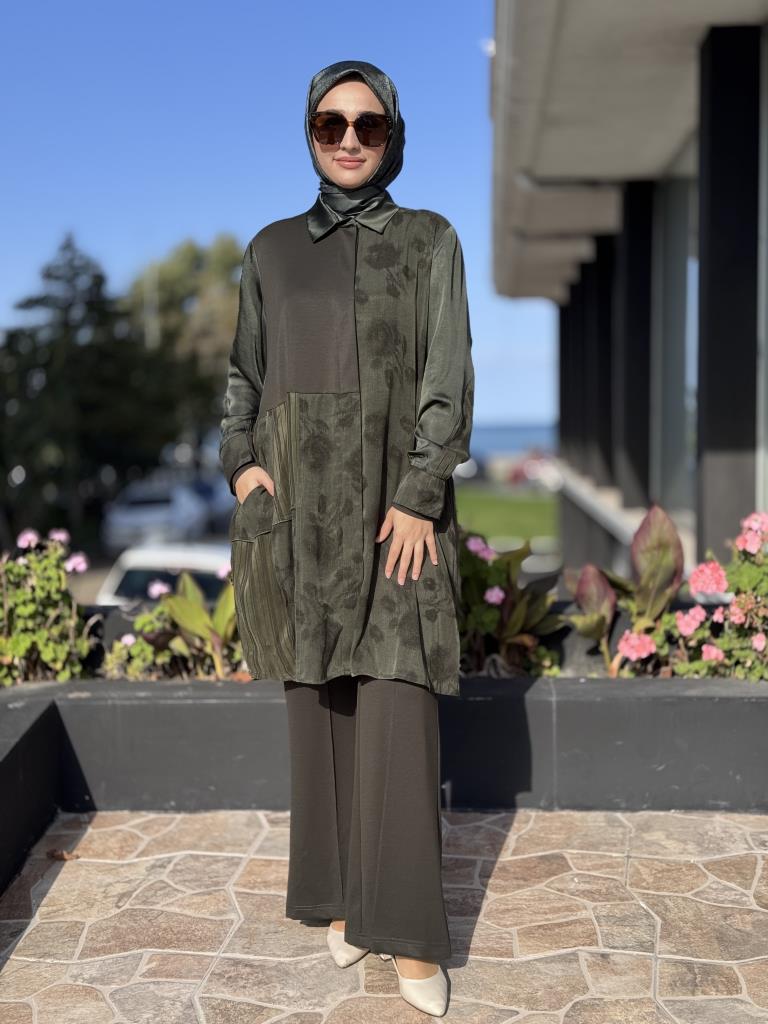 Misswhence Kendinden Desenli Viscon Parça Detaylı İpek Gömlek 38303