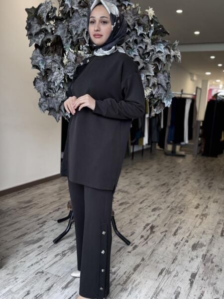 Tığ Triko Kraş Mixli Düğme Detaylı Pantolonlu Takım TKM3005