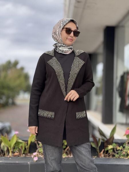 Tığ Triko Kruvaze Yaka Cepli Triko Ceket CKT21713