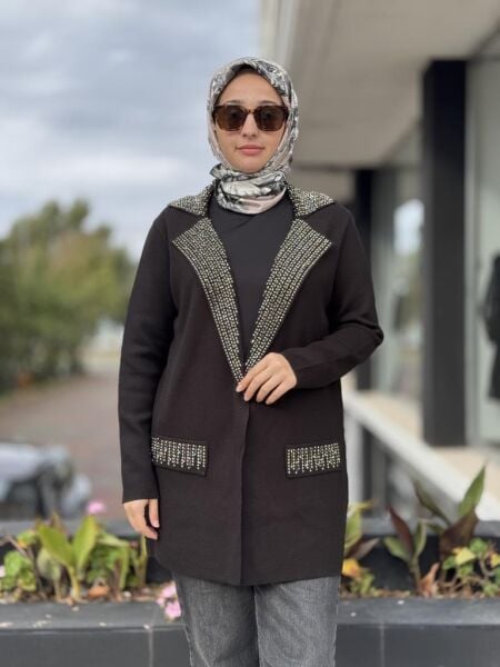 Tığ Triko Kruvaze Yaka Cepli Triko Ceket CKT21713