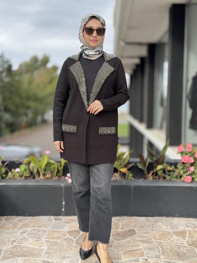 Tığ Triko Kruvaze Yaka Cepli Triko Ceket CKT21713