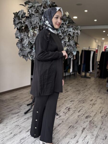 Tığ Triko Kraş Mixli Düğme Detaylı Pantolonlu Takım TKM3005 SİYAH - 1