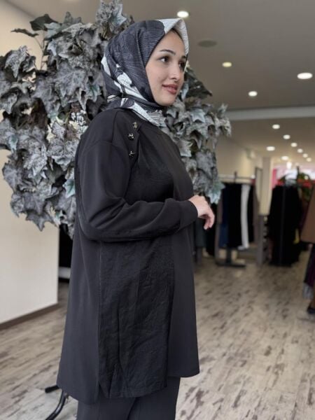 Tığ Triko Kraş Mixli Düğme Detaylı Pantolonlu Takım TKM3005 SİYAH - 1