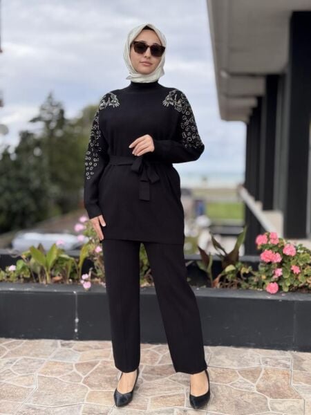 Tığ Triko Leopar Taş İşlemeli Tunik Pantolon Takım TKM22004