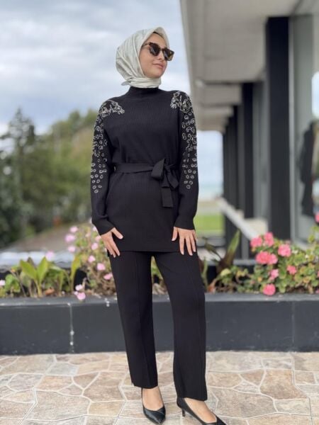 Tığ Triko Leopar Taş İşlemeli Tunik Pantolon Takım TKM22004