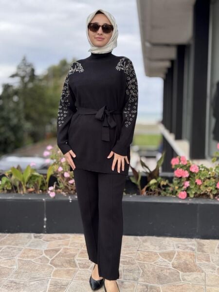 Tığ Triko Leopar Taş İşlemeli Tunik Pantolon Takım TKM22004