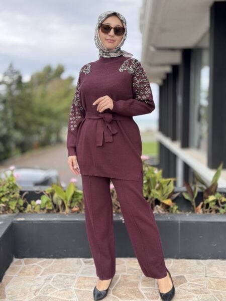 Tığ Triko Leopar Taş İşlemeli Tunik Pantolon Takım TKM22004