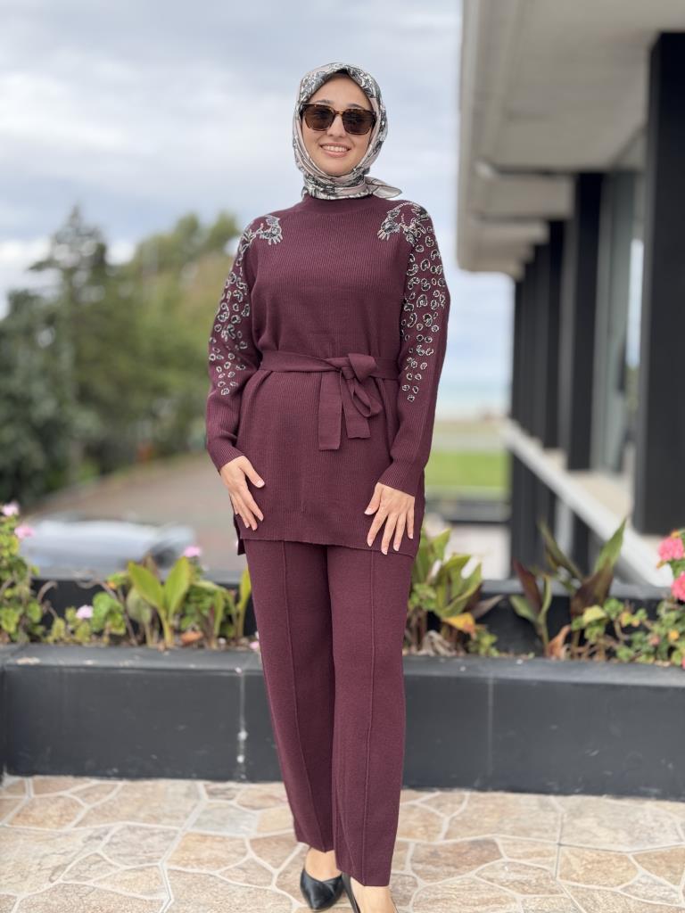 Tığ Triko Leopar Taş İşlemeli Tunik Pantolon Takım TKM22004