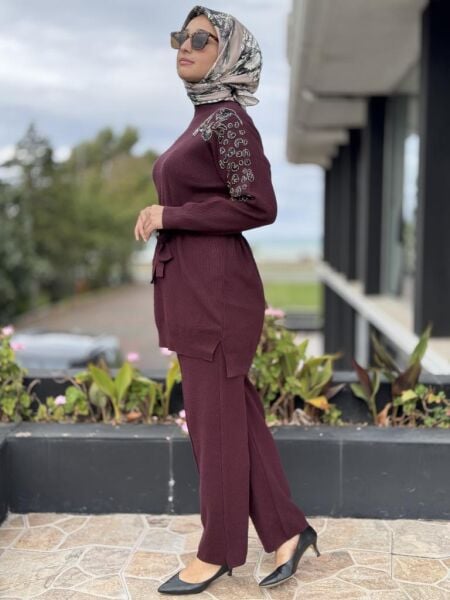 Tığ Triko Leopar Taş İşlemeli Tunik Pantolon Takım TKM22004