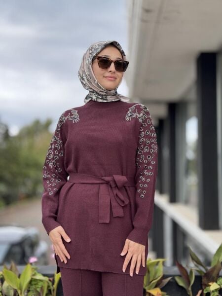 Tığ Triko Leopar Taş İşlemeli Tunik Pantolon Takım TKM22004