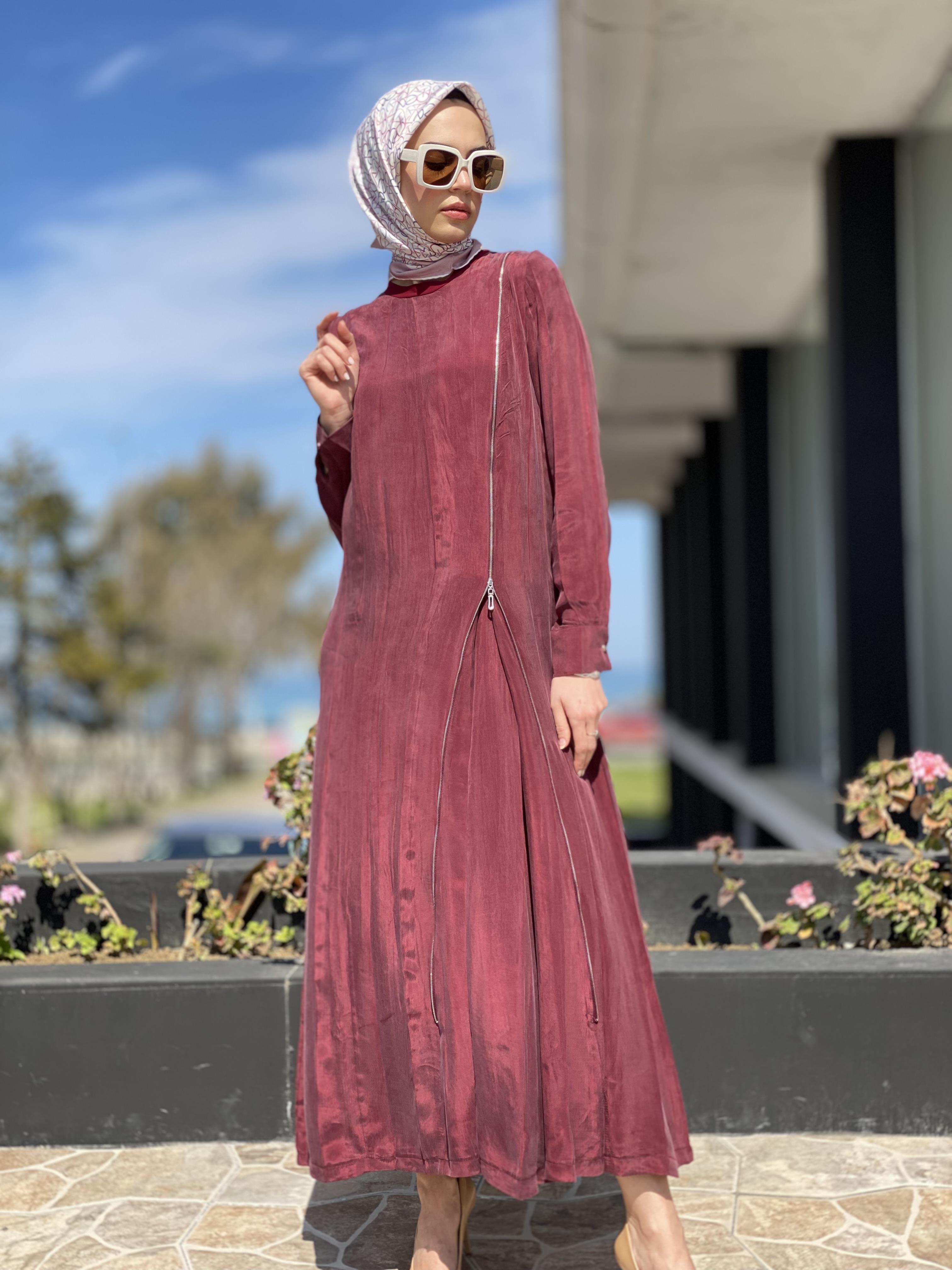 Misswhence Fermuarlı İpek Elbise 35800 MÜRDÜM - 46