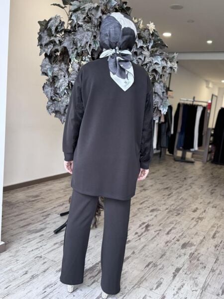 Tığ Triko Kraş Mixli Düğme Detaylı Pantolonlu Takım TKM3005 SİYAH - 2