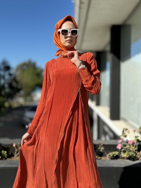 Misswhence Fermuarlı İpek Elbise 35800 ORANJ - 46