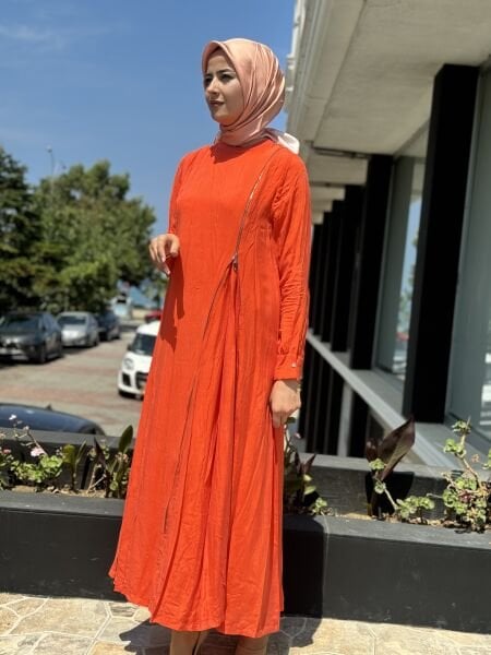 Misswhence Fermuarlı İpek Elbise 35800 ORANJ - 46