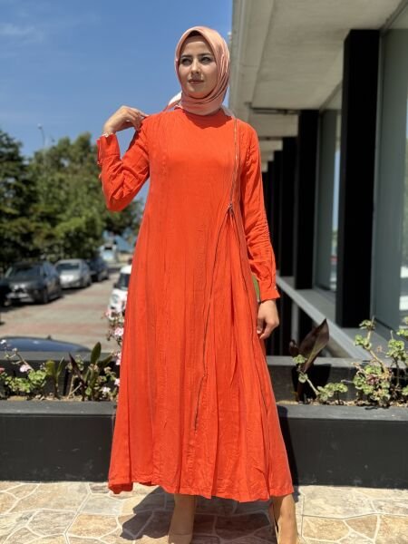 Misswhence Fermuarlı İpek Elbise 35800 ORANJ - 46
