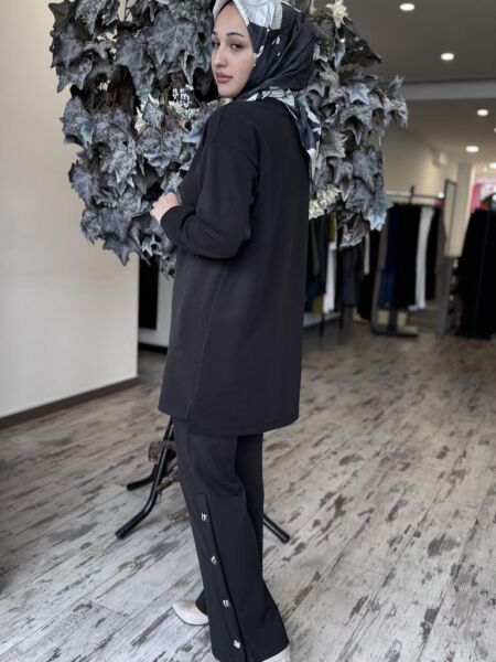 Tığ Triko Kraş Mixli Düğme Detaylı Pantolonlu Takım TKM3005 SİYAH - 3