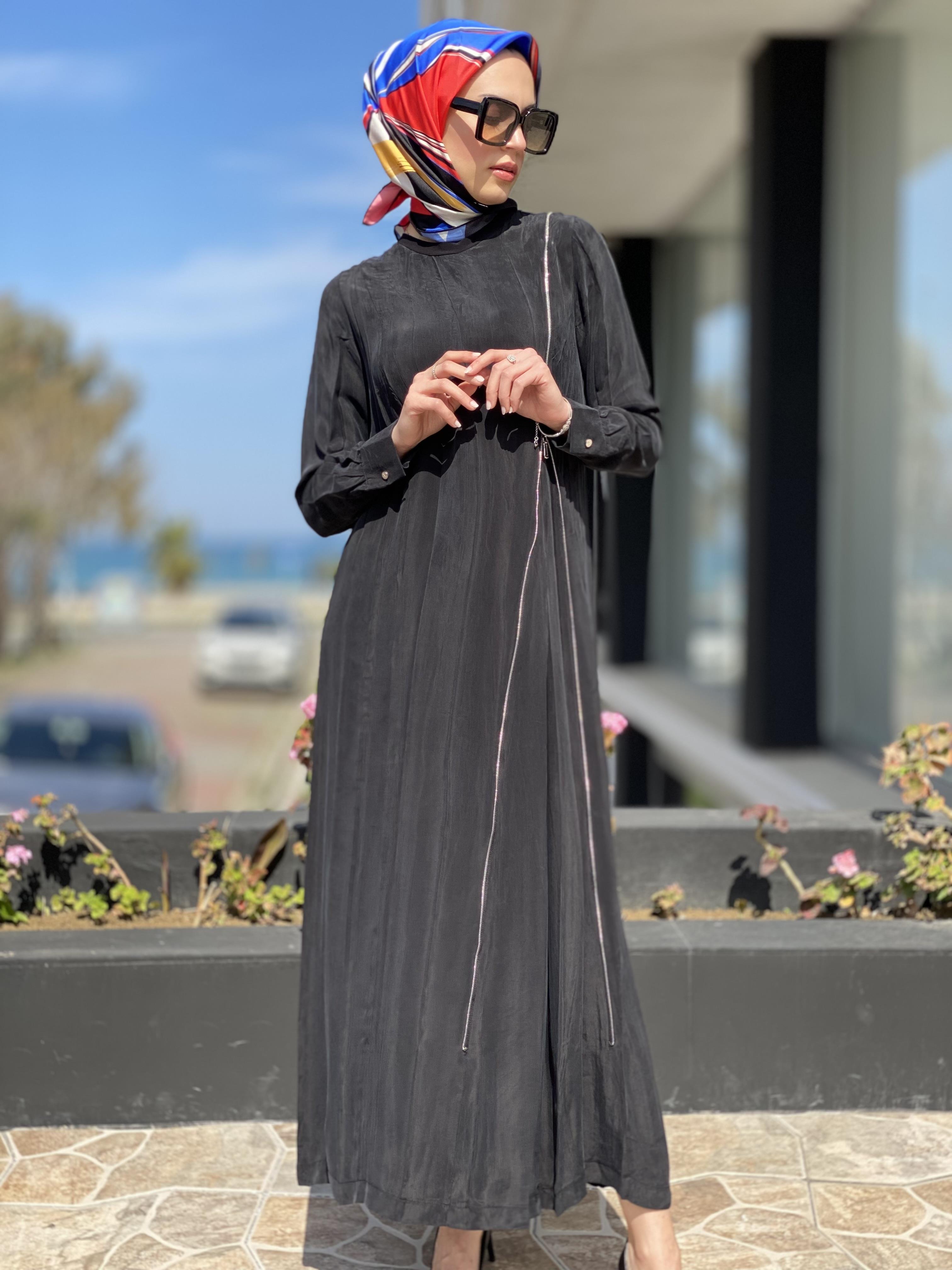 Misswhence Fermuarlı İpek Elbise 35800 SİYAH - 46