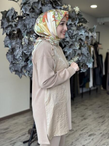 Tığ Triko Kraş Mixli Düğme Detaylı Pantolonlu Takım TKM3005 CAMEL - 2