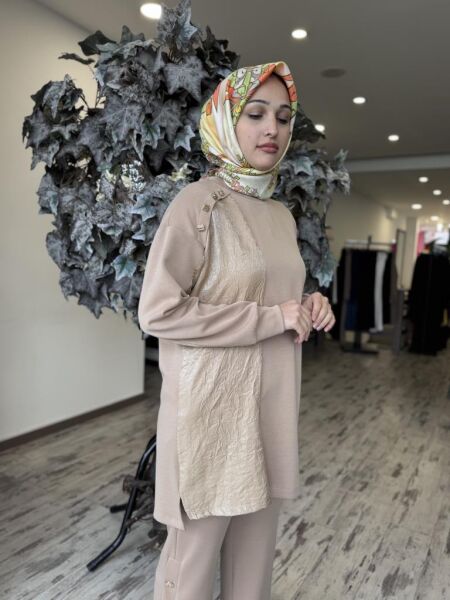 Tığ Triko Kraş Mixli Düğme Detaylı Pantolonlu Takım TKM3005 CAMEL - 3