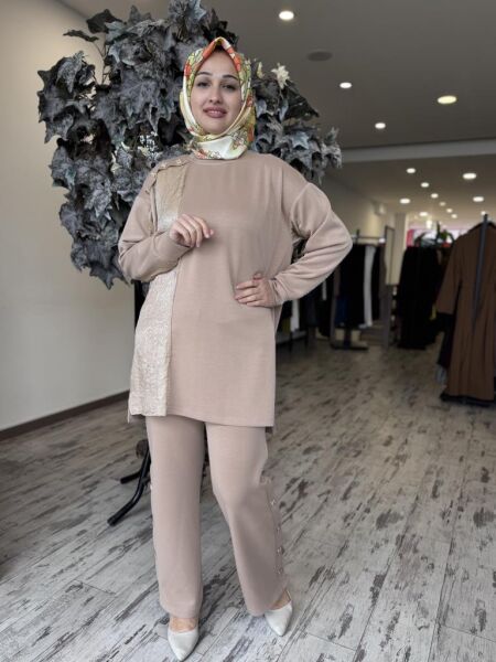 Tığ Triko Kraş Mixli Düğme Detaylı Pantolonlu Takım TKM3005 CAMEL - 3