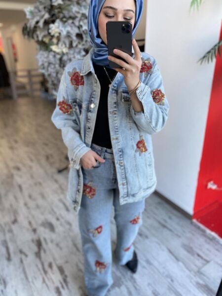 Ghisa Taş İşleme Detaylı Jean Ceket Pantolon Takım 3058