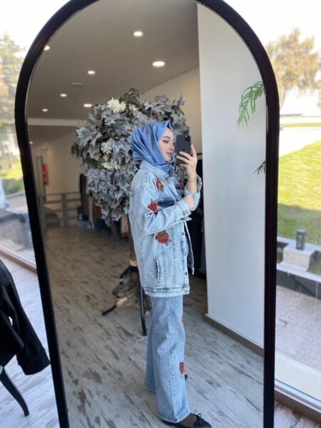 Ghisa Taş İşleme Detaylı Jean Ceket Pantolon Takım 3058