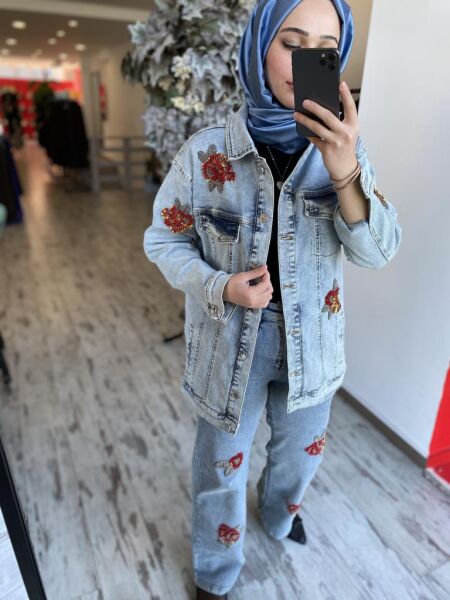 Ghisa Taş İşleme Detaylı Jean Ceket Pantolon Takım 3058