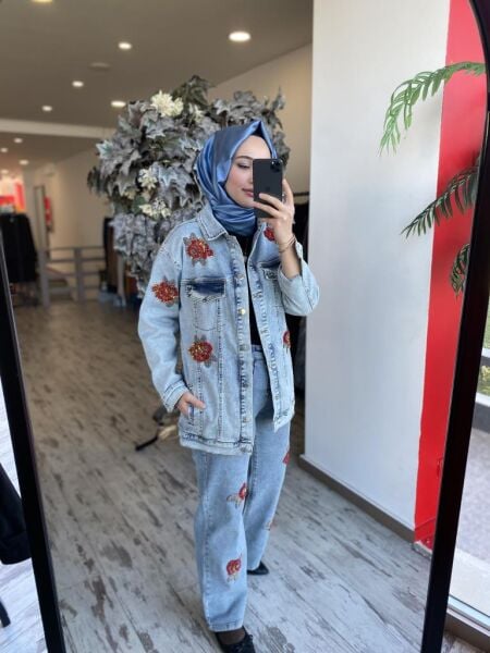 Ghisa Taş İşleme Detaylı Jean Ceket Pantolon Takım 3058