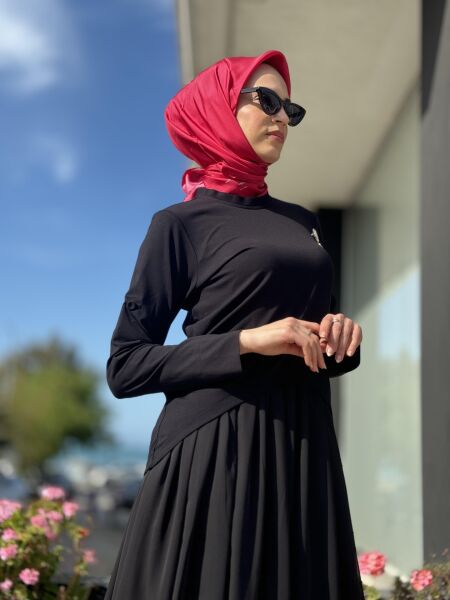 Qupra İçi Şifon Üstü Penye Bolerolu İkili Elbise QAY65019 SİYAH - 1