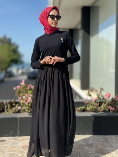 Qupra İçi Şifon Üstü Penye Bolerolu İkili Elbise QAY65019 SİYAH - 1