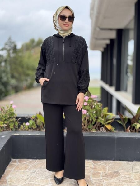 Tığ Triko Kabartma File Kombinli Tunik Pantolon Takım TKM5022