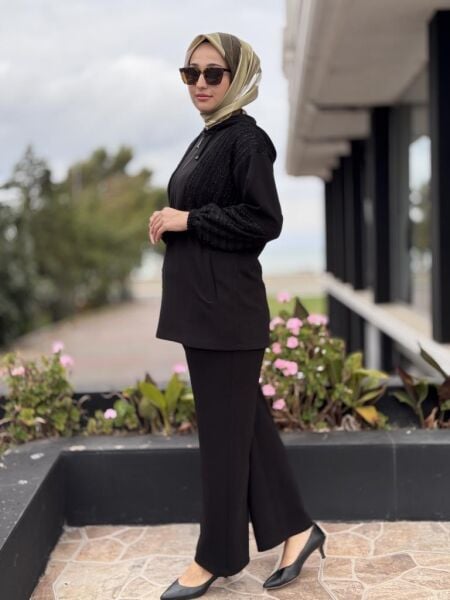 Tığ Triko Kabartma File Kombinli Tunik Pantolon Takım TKM5022