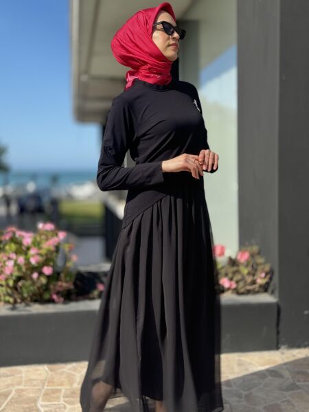 Qupra İçi Şifon Üstü Penye Bolerolu İkili Elbise QAY65019 SİYAH - 2