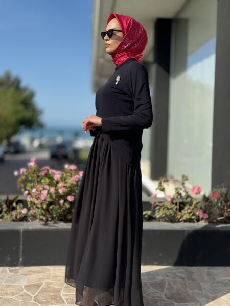 Qupra İçi Şifon Üstü Penye Bolerolu İkili Elbise QAY65019 SİYAH - 2