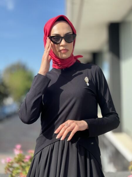 Qupra İçi Şifon Üstü Penye Bolerolu İkili Elbise QAY65019 SİYAH - 2