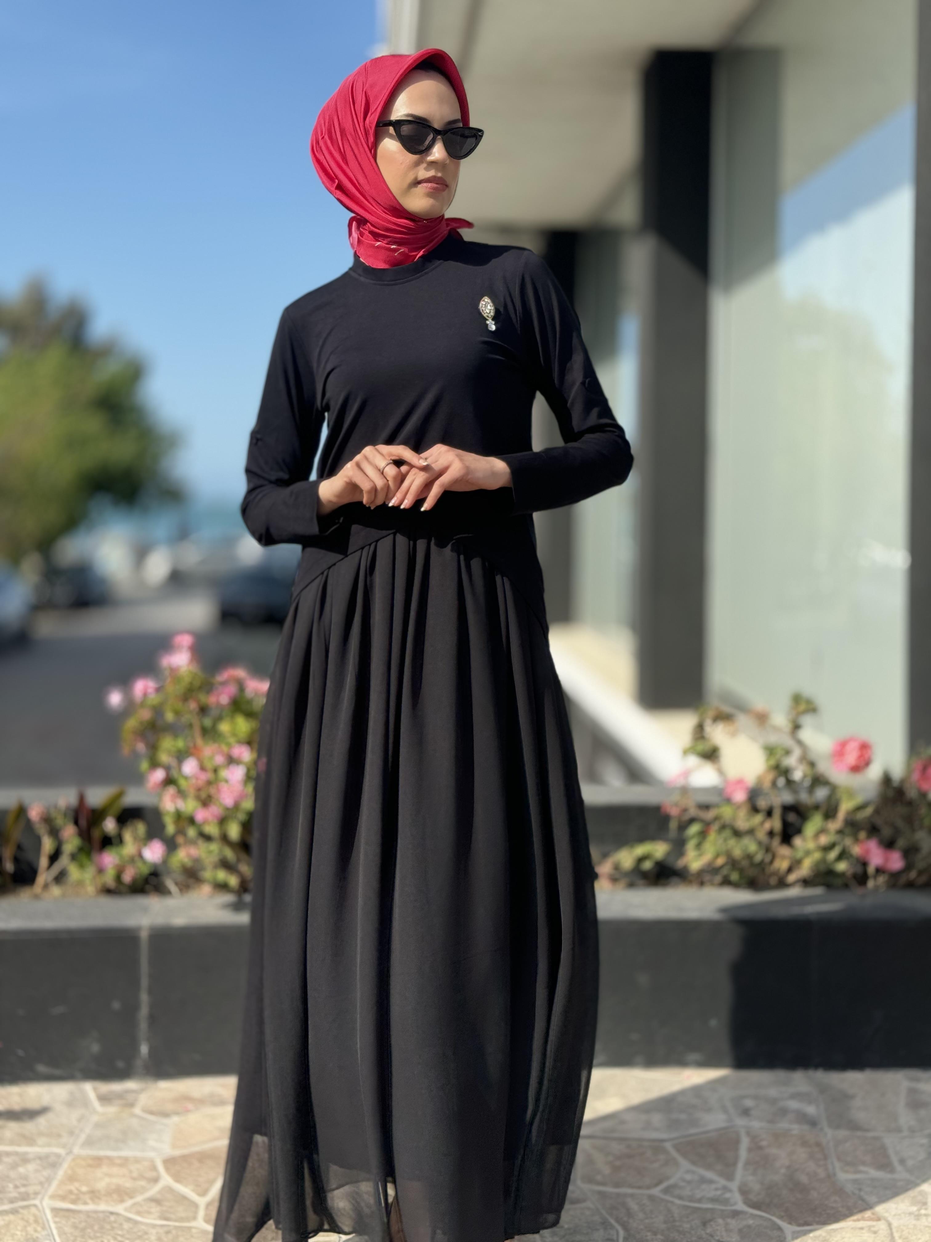 Qupra İçi Şifon Üstü Penye Bolerolu İkili Elbise QAY65019 SİYAH - 3