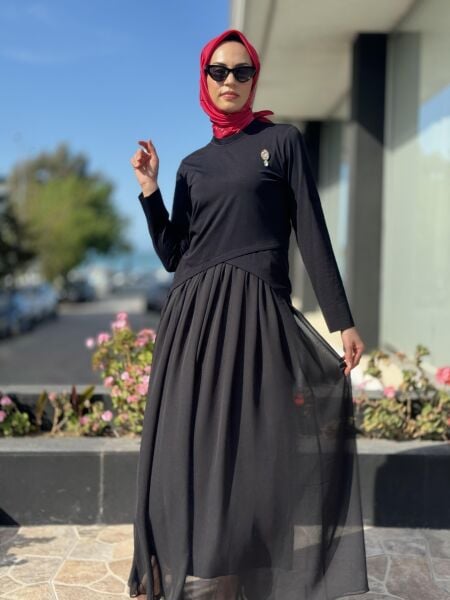 Qupra İçi Şifon Üstü Penye Bolerolu İkili Elbise QAY65019 SİYAH - 3