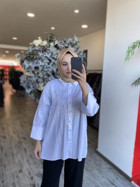 Ghisa Önü Kristal Taşlı Poplin Gömlek 4848