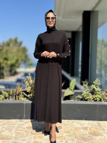 Almarwah Damalı Kol Detaylı Triko Elbise 303792