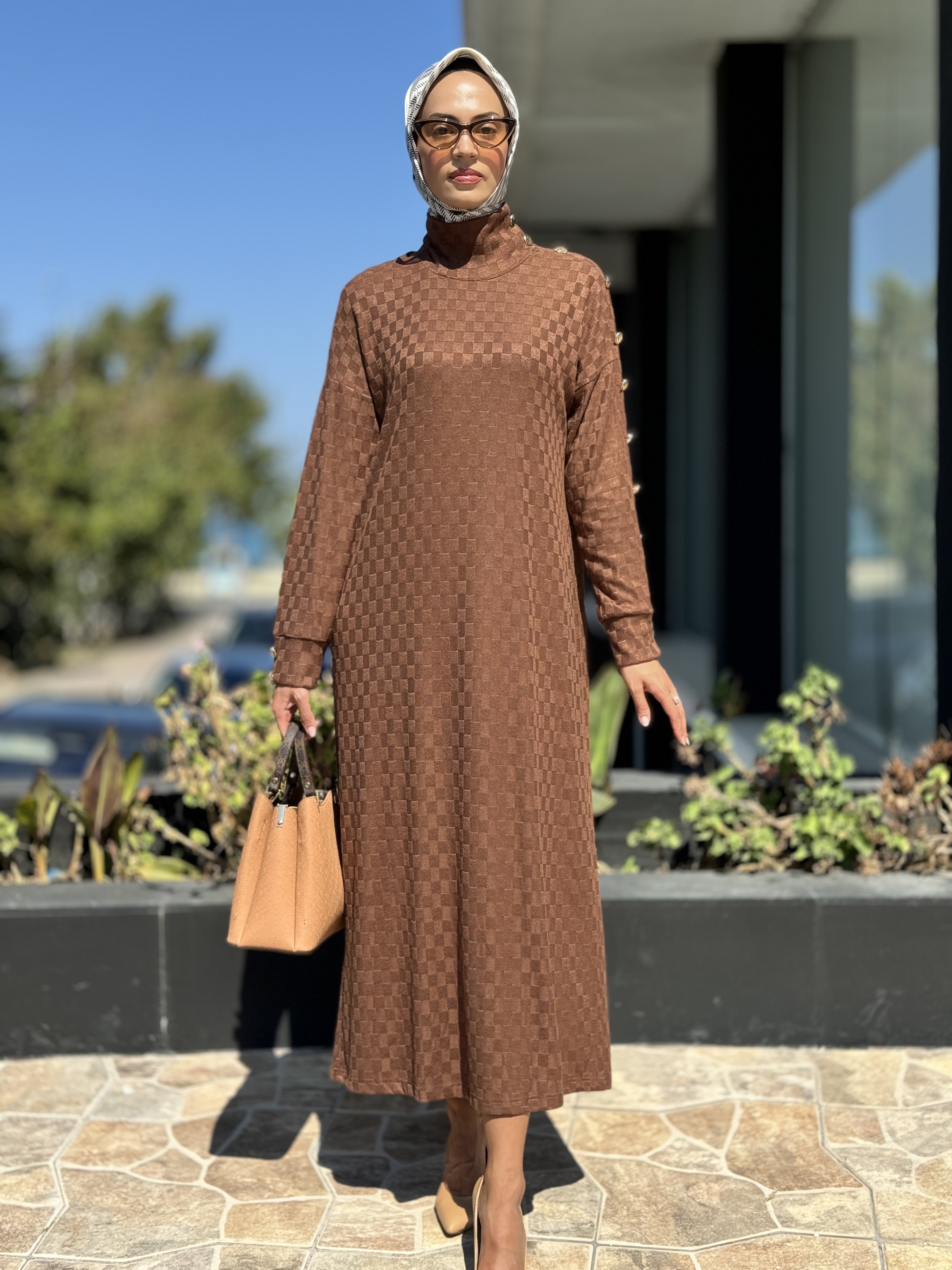 Almarwah Damalı Kol Detaylı Triko Elbise 303792