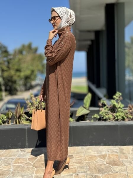 Almarwah Damalı Kol Detaylı Triko Elbise 303792