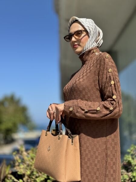 Almarwah Damalı Kol Detaylı Triko Elbise 303792