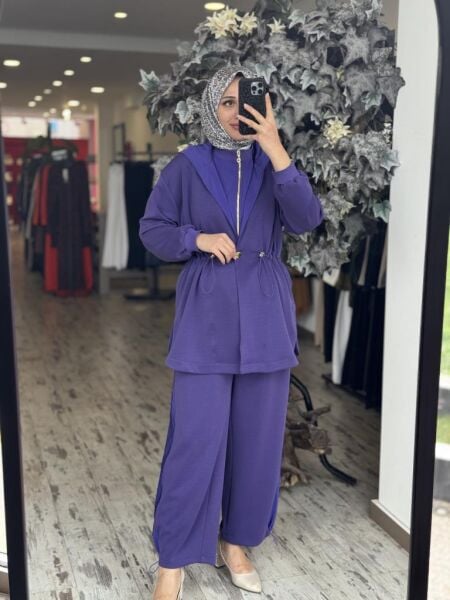 Ghisa Belden Büzgülü Kapüşonlu Ceket Pantolon Takım 4789